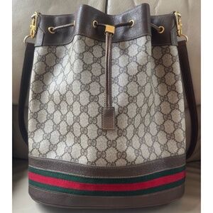 Authentic Vintage Gucci Ophidia Web Brown Monogram Canvas Leather Bucket Bag